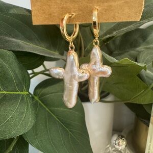 Gold Pearl Cross Earrings